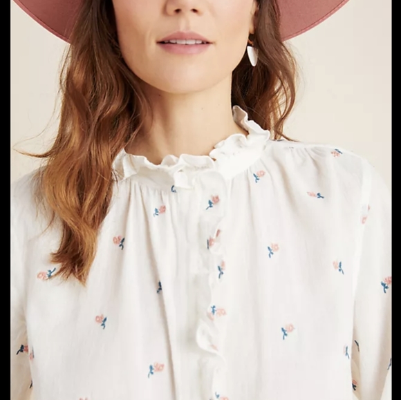 La Vie Rebecca Taylor for Anthropologie Rosebud Embroidered Button Down Blouse L - Picture 9 of 13